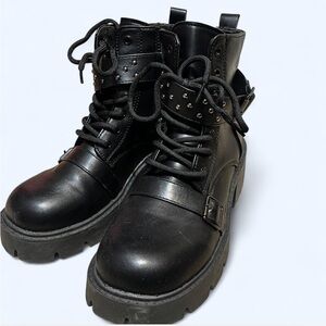Women's Black Combat Boots With Studded Straps